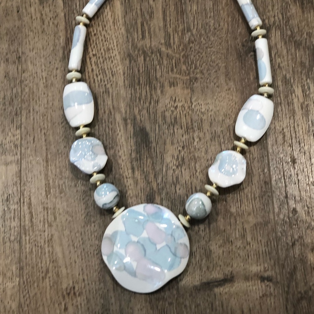 Loft White Ceramic Bead Necklace w Pastel Watercolor Pearlescent Glaze 19 inch